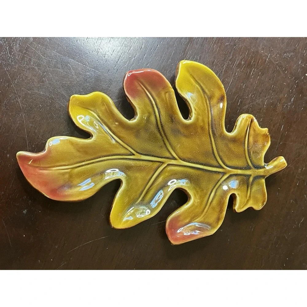 Gold/Green/Red Ceramic Fall Leaf Shaped Dish Trinket Tray Fall Nature Decor 7